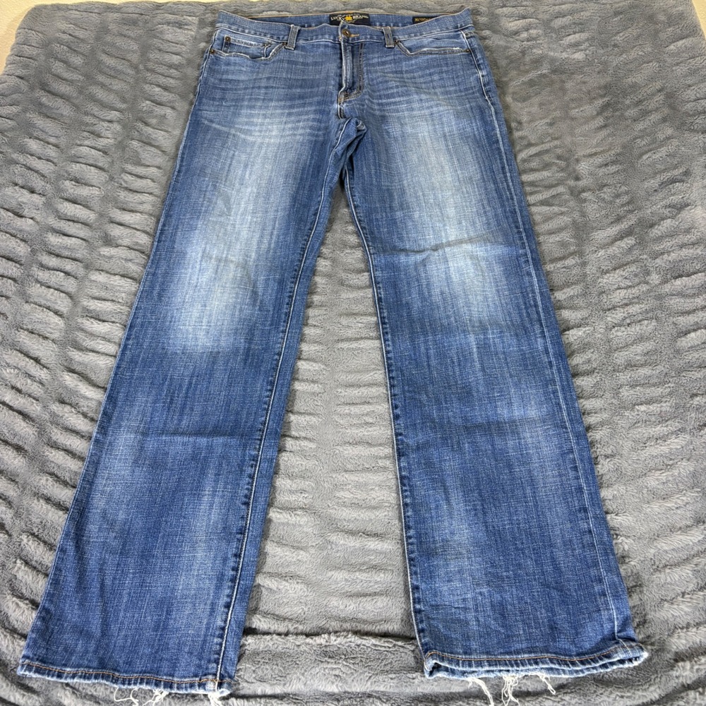 Lucky Brand 361 Vintage Straight Jeans Mens 34x34 Blue Medium Wash Distressed